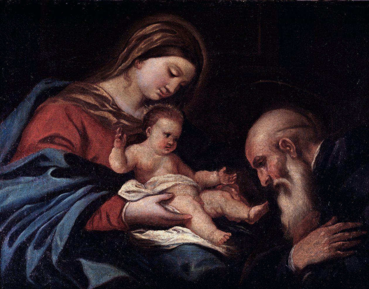 Madonna med barnet och Sankt Benedictus (olja på duk av Luca Giordano