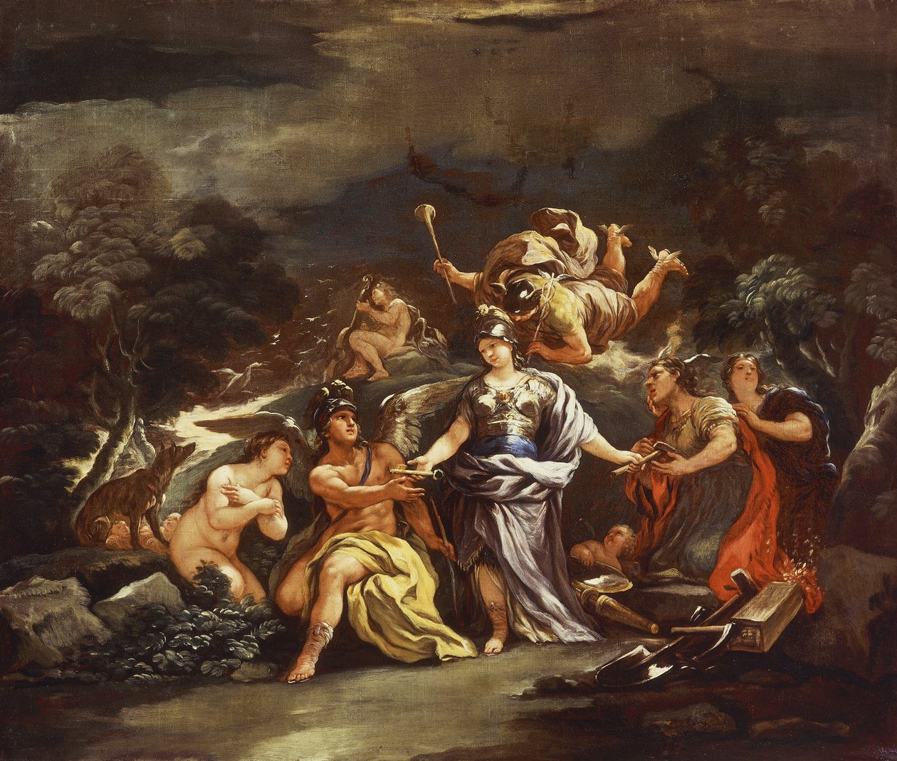 Minerva som beskyddare av konst och vetenskap, av Luca Giordano, olja på duk av Luca Giordano