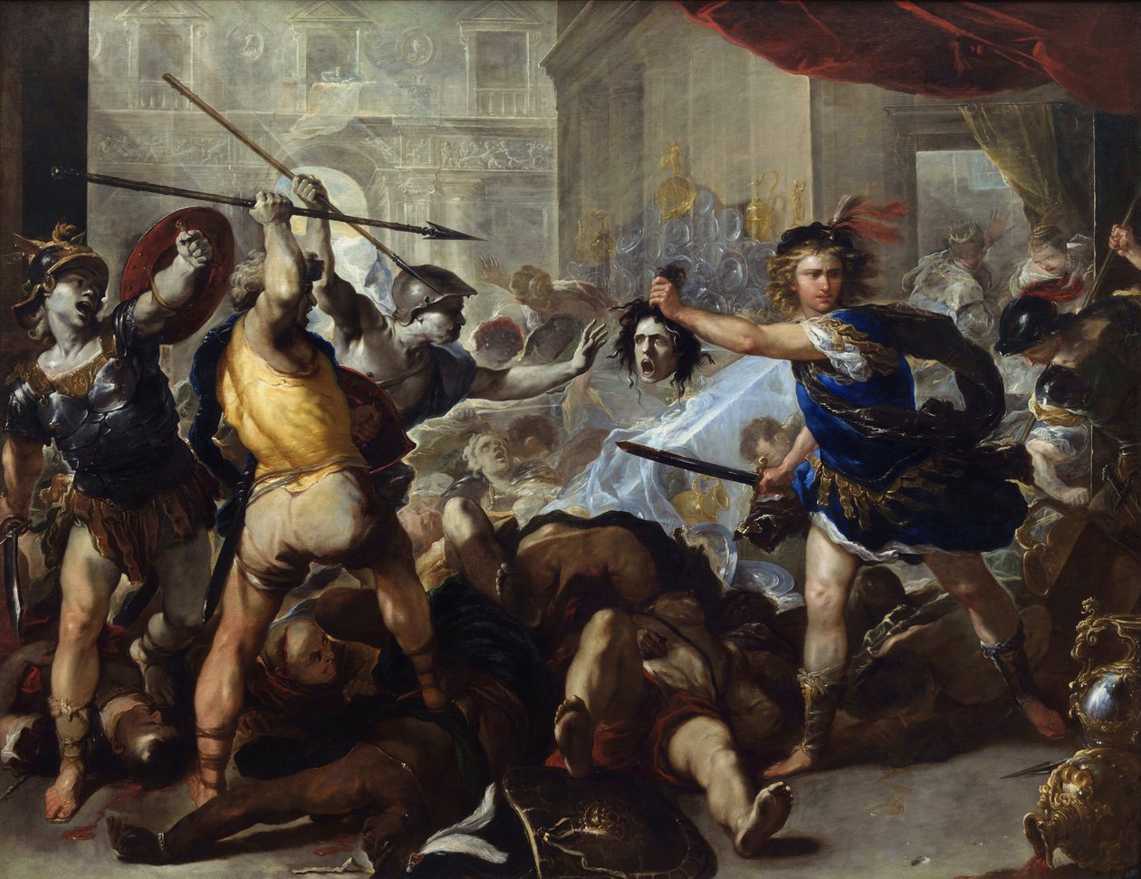 ""Perseus förvandlar Phineas och hans fiender till sten genom att svänga huvudet av Medusa framför dem"" (Perseus förvandlar Phineas och hans anhängare till sten) Målning av Luca Giordano (1632-1705) ca 1680 National Gallery, London av Luca Giordano