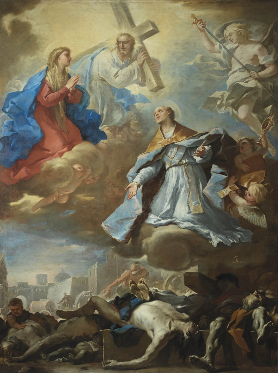 Saint Januarius i förbön till Jungfru Maria, Kristus och Gud Fadern för pestens offer, av Luca Giordano