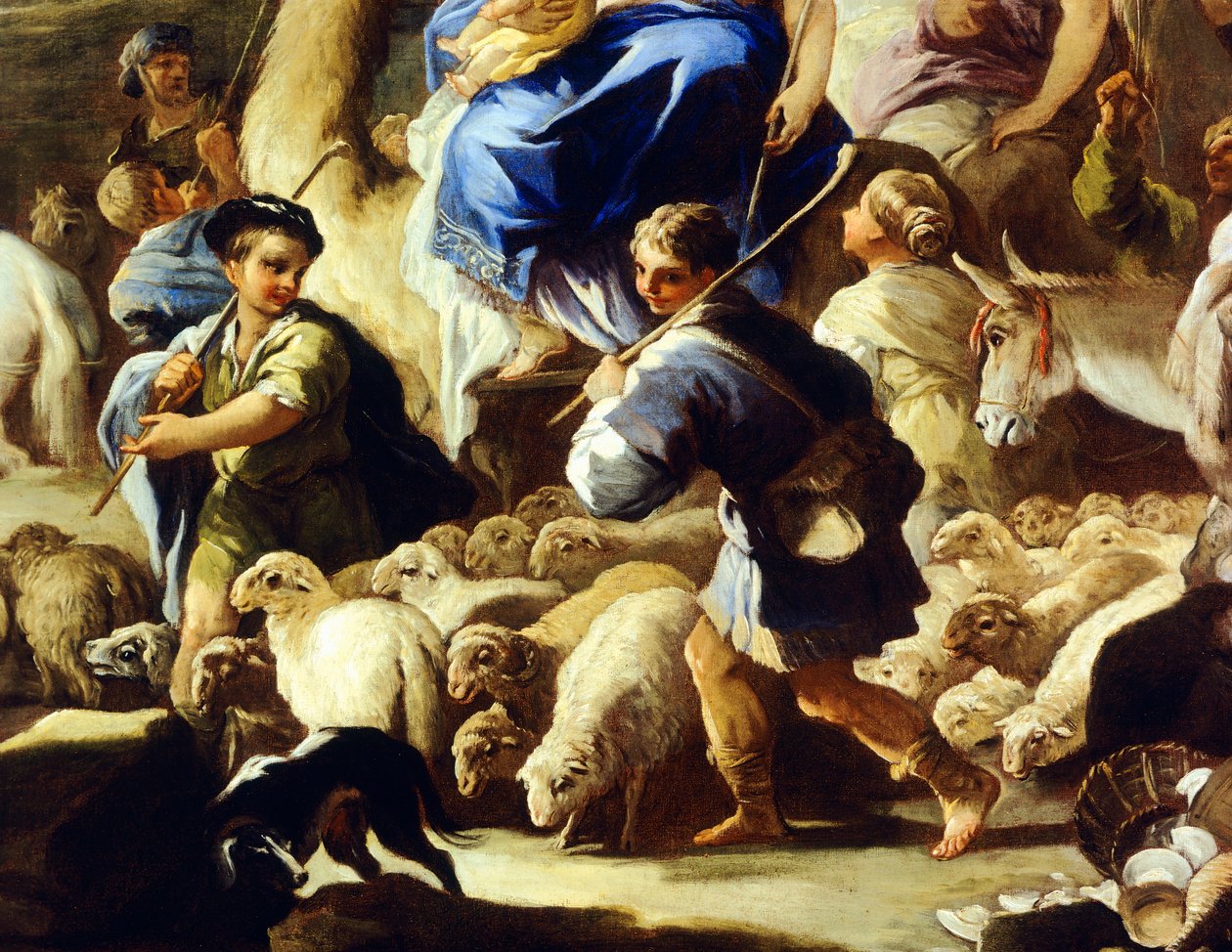 Får och herdar, detalj från Rebeccas avresa till Kanaan, av Luca Giordano (1634-1705), olja på koppar, 59x85 cm av Luca Giordano