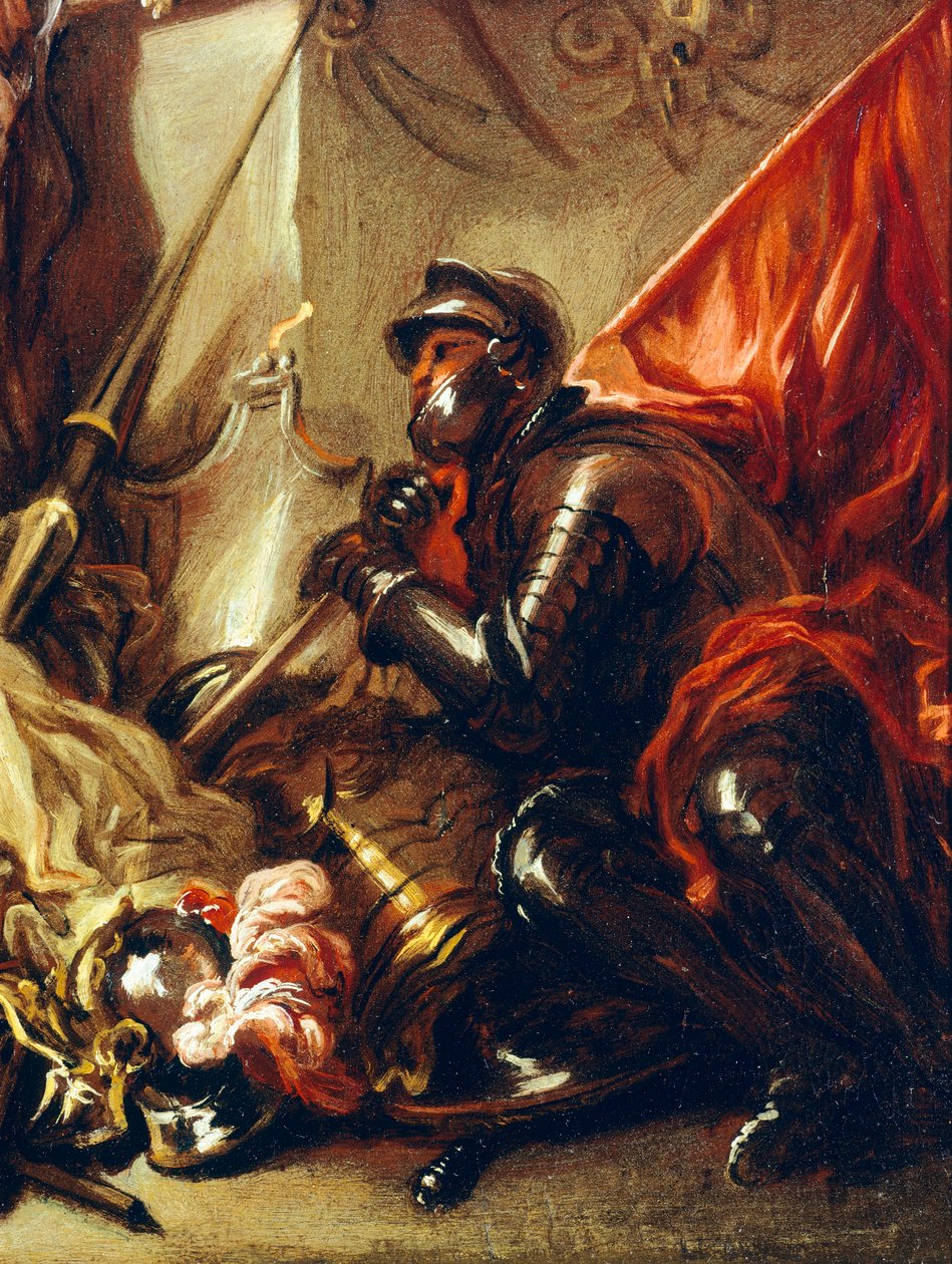 Soldat håller banderoll, detalj från Allegory of War, av Luca Giordano (1634-1705), olja på duk, 61x50 cm av Luca Giordano