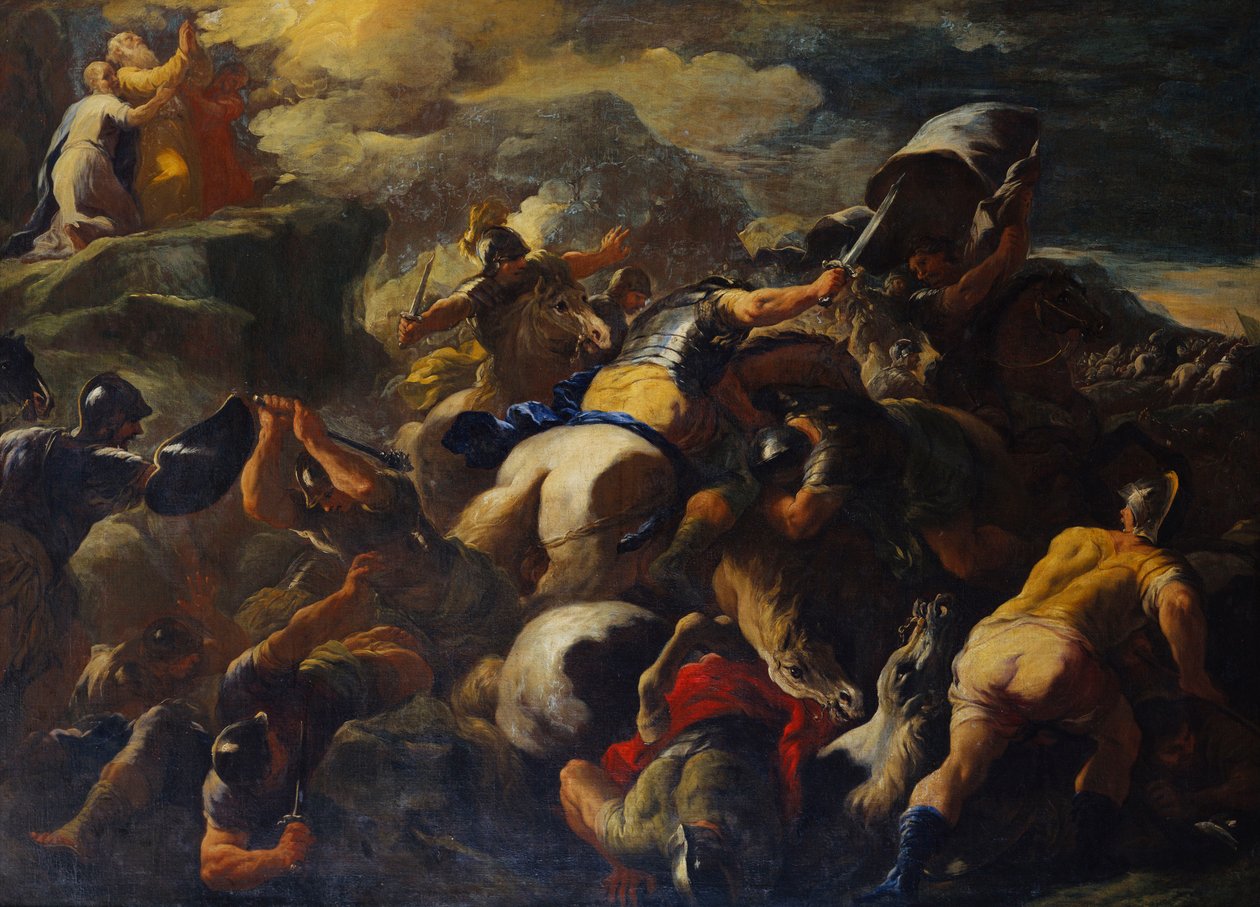 Striden mellan israeliterna och amalekiterna, Aron och Hur som stöder Moses" armar på en kulle bortom av Luca Giordano