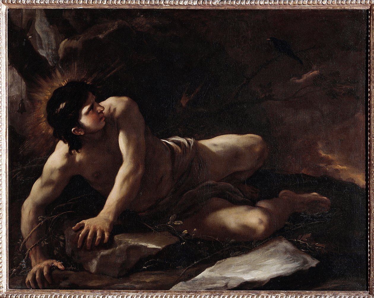 Sankt Benedikts frestelse, som kastar sig i tröskan för att undvika frestelser) Målning av Luca Giordano (1634-1705) Museo dell