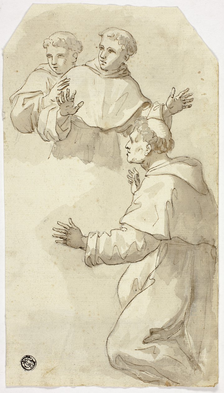 Tre förskräckta munkar, en knäböjande, två stående av Luca Giordano