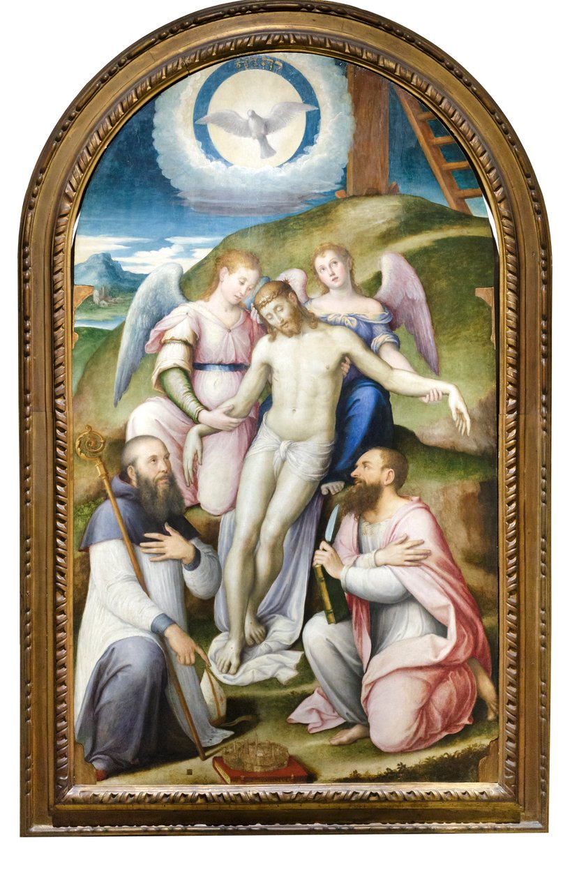 Död Kristus uppburen av änglar mellan St Bartholomeus och abboten av Classe av Luca Longhi
