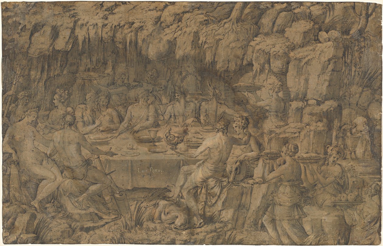 Acheloüs bankett, ca 1545 (teckning med penna och bläck) av Luca Penni