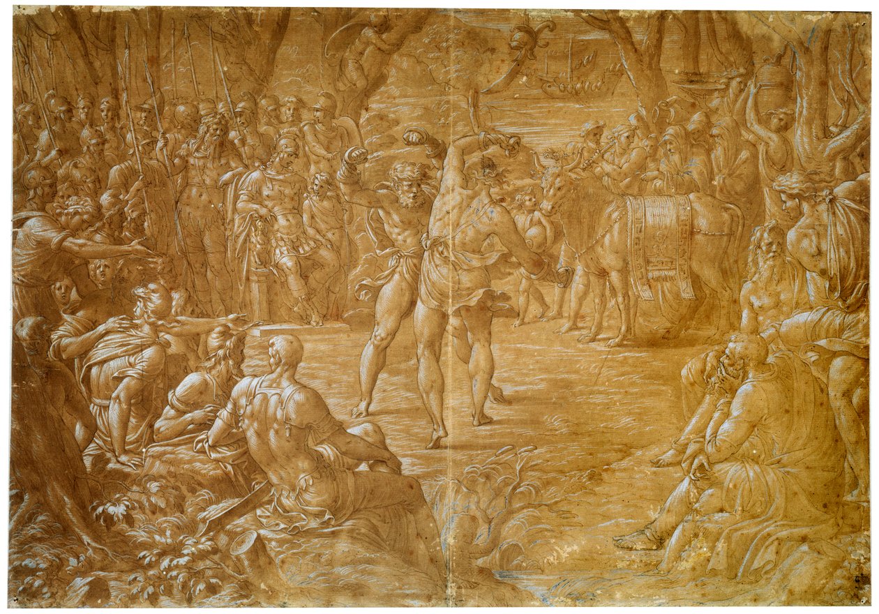 Kampen mellan Entellus av Sicilien och Dares of Troy, c1544 av Luca Penni