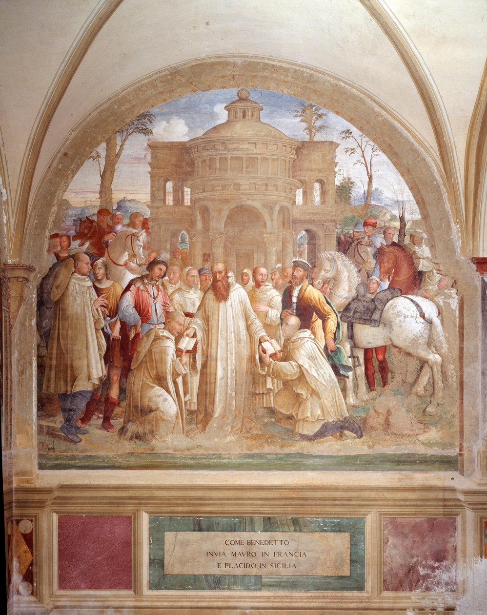 Benedictus skickar Maurus i Frankrike och Placid på Sicilien (Benedict skickar Maurus i Frankrike och Placid på Sicilien) Fresk av klostret gjord av Luca Signorelli som berättar om livet för Saint Benedict of Nursie (480 - 567) grundare av Benediktinerorde av Luca Signorelli