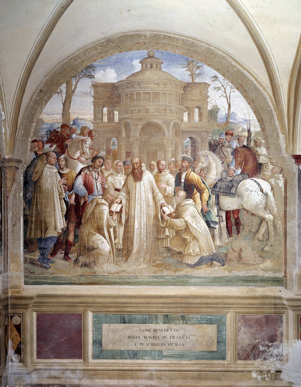 Benedictus skickar Maurus i Frankrike och Placid på Sicilien (Benedict skickar Maurus i Frankrike och Placid på Sicilien) Fresk av klostret gjord av Luca Signorelli som berättar om livet för Saint Benedict of Nursie (480 - 567) grundare av Benediktinerorde av Luca Signorelli