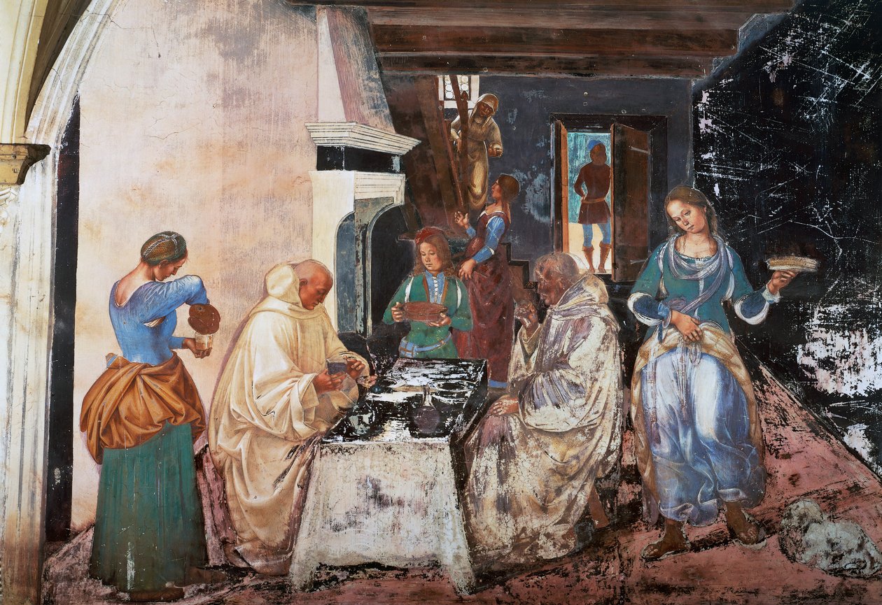 Benedictus berättar för munkarna var och när de åt medan de var utanför klostret, scen från berättelserna om St. Benedictus av Luca Signorelli