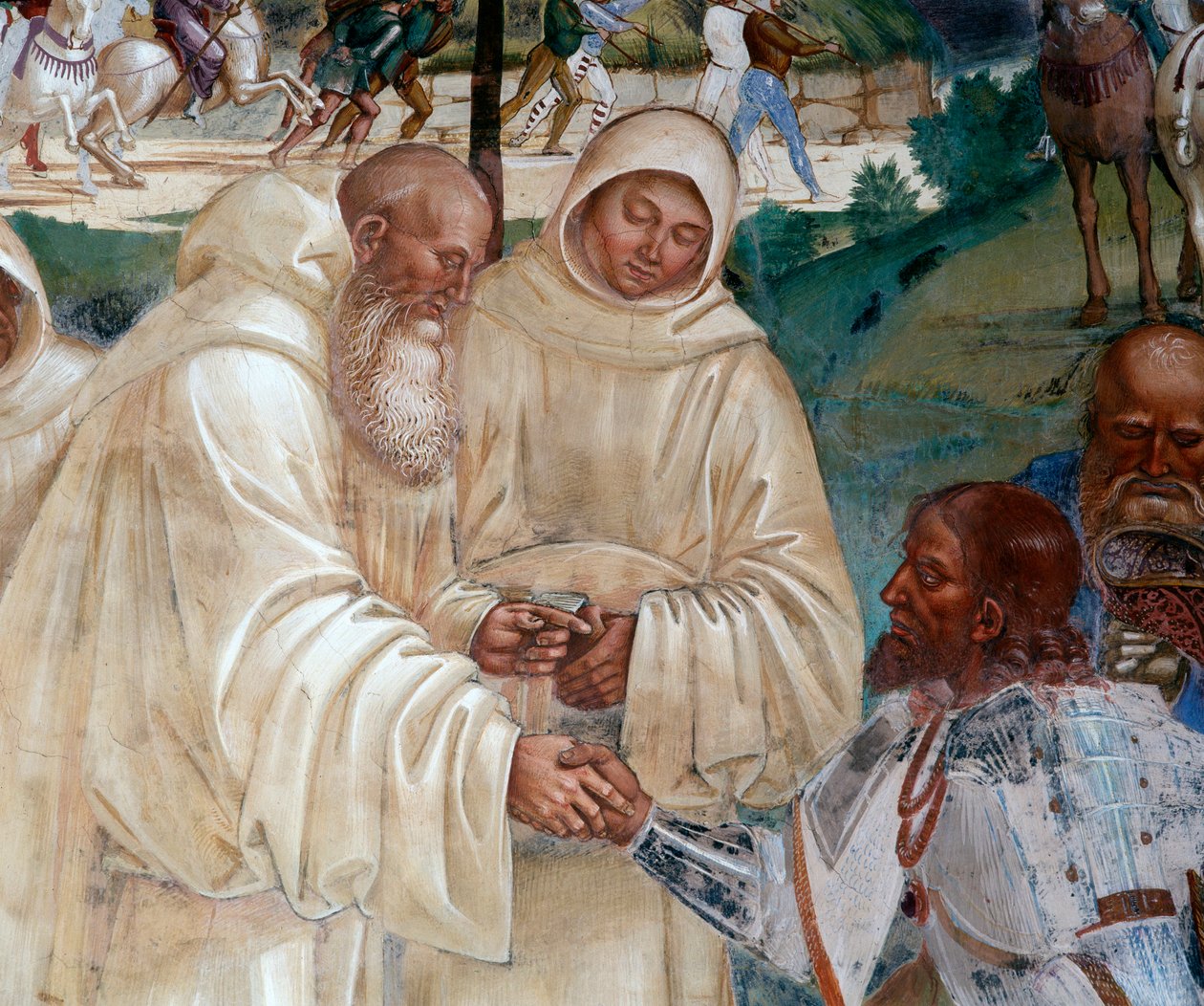 Benedict välkomnar Totila som kom för att be om ursäkt för att ha satt Benoit på prov (Benedict välkomnar Totila som kom för att be om ursäkt för att ha satt Benedict på prov) Detaljfresk av klädseln realiserad av Luca Signorelli (ca 1445-1523) r av Luca Signorelli