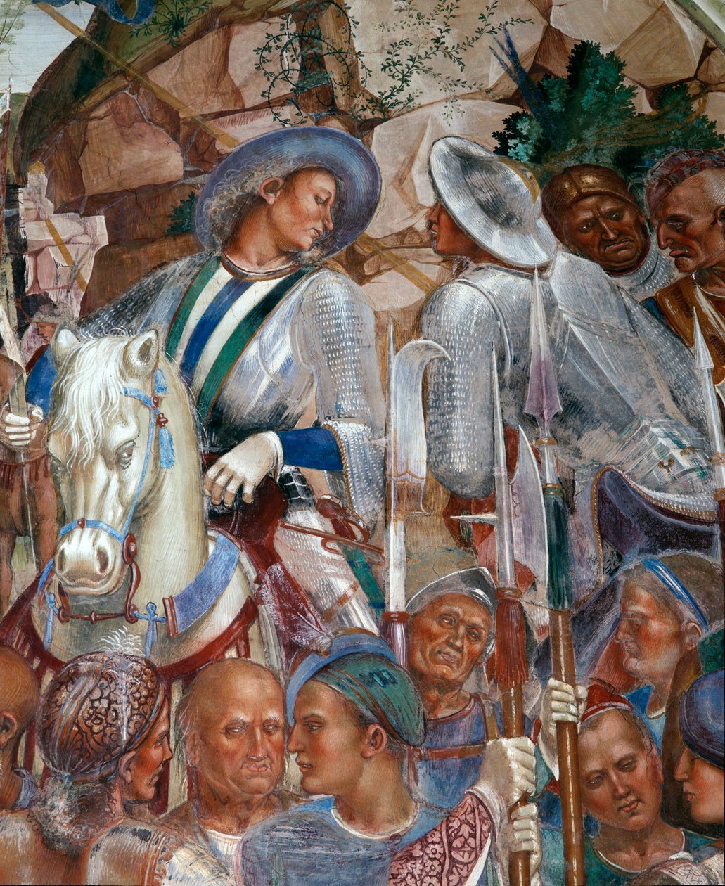 Benoit känner igen och välkomnar kungen av goterna Totila som har kommit för att personligen be om ursäkt för att ha satt Benoit på prov (Benedictus välkomnar Totila som har kommit för att be om ursäkt för att ha satt Benedikt på prov) Detalj av kungens es av Luca Signorelli