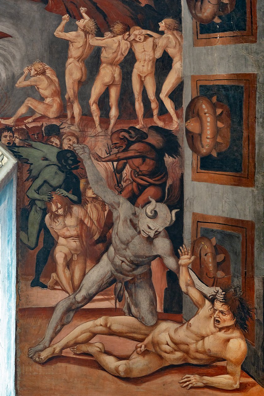 Call to Hell, en detalj som visar Antehell, hämtat från Dantes beskrivning av Luca Signorelli