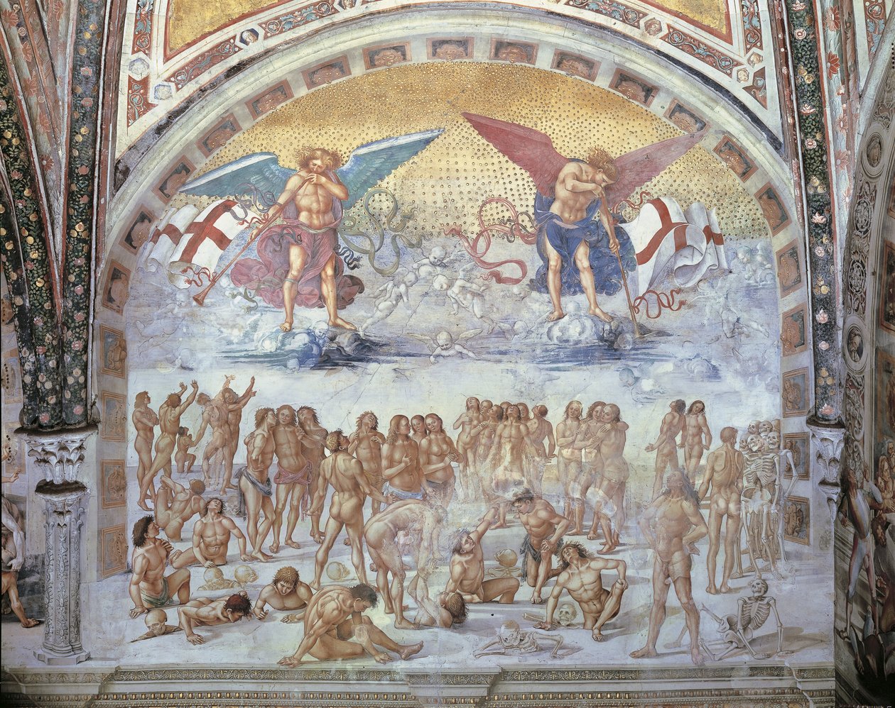 Närbild av en fresk i en katedral, Resurrection Of The Flesh, Luca Signorelli, Orvieto, Umbrien, Italien av Luca Signorelli