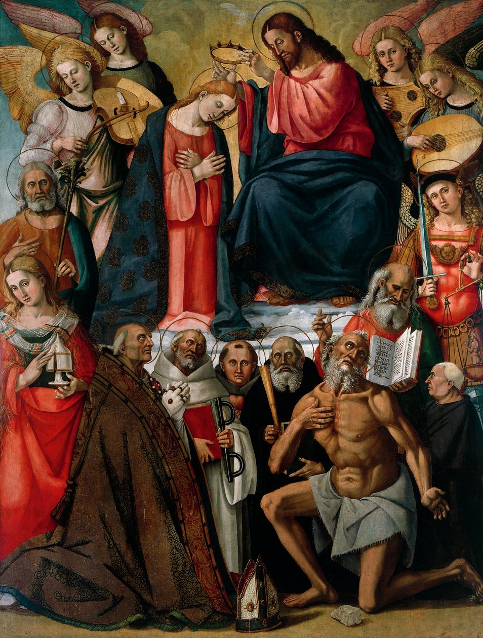 Jungfruns kröning med änglar och heliga av Luca Signorelli (cirka 1445-1523) och hans assistenter, Collegiate Church of St Martin and Leonard, Foiano della Chiana, Arezzo av Luca Signorelli