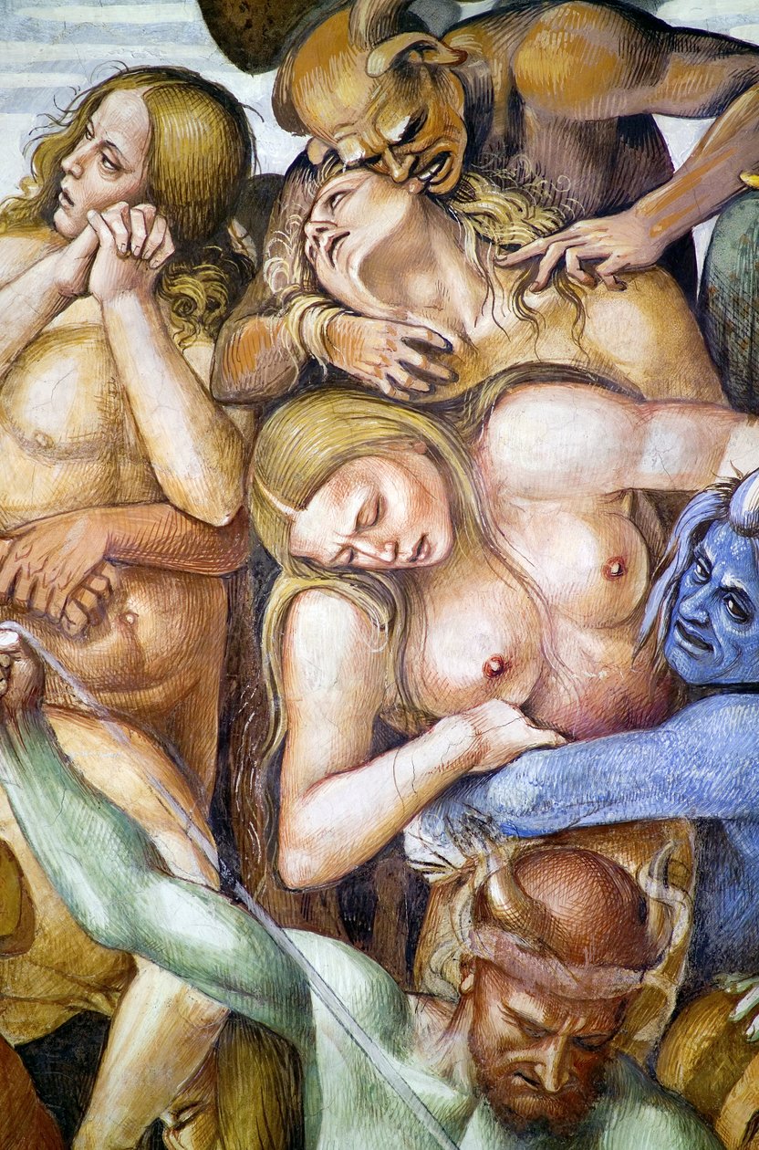 Damned in hell, detalj med självporträtt av Luca Signorelli i skepnad av en blå demon, från Last Judgment freskcykel av Luca Signorelli