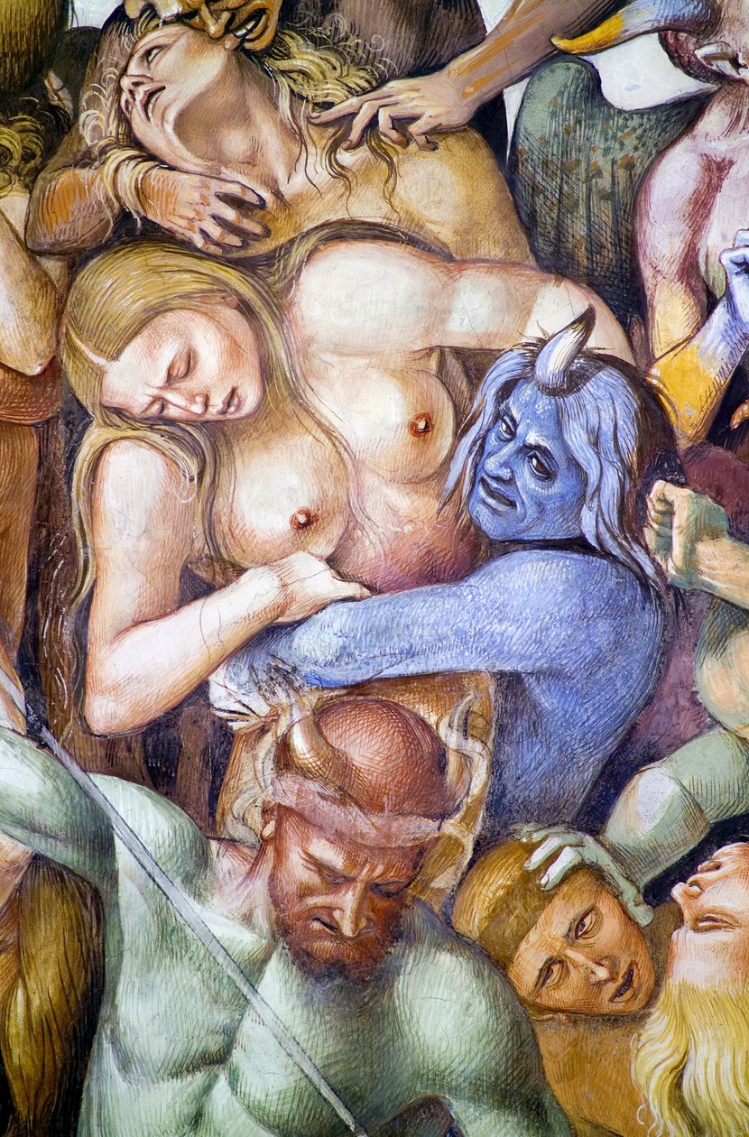 Damned in hell, detalj med självporträtt av Luca Signorelli i skepnad av en blå demon, från Last Judgment freskcykel av Luca Signorelli