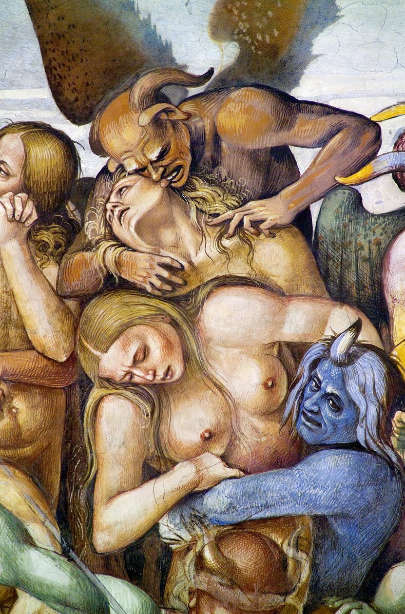 Damned in hell, detalj med självporträtt av Luca Signorelli i skepnad av en blå demon, från Last Judgment freskcykel av Luca Signorelli