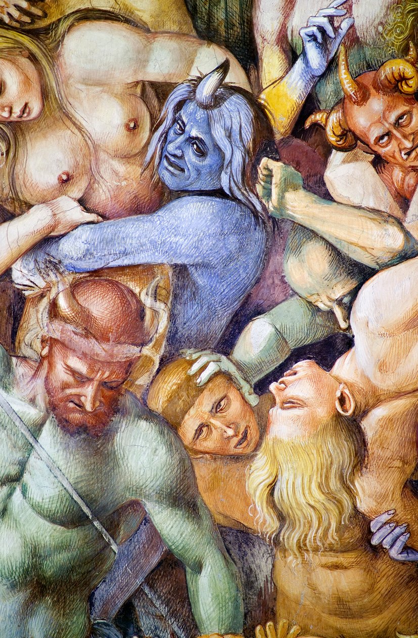 Damned in hell, detalj med självporträtt av Luca Signorelli i skepnad av en blå demon, från Last Judgment freskcykel av Luca Signorelli