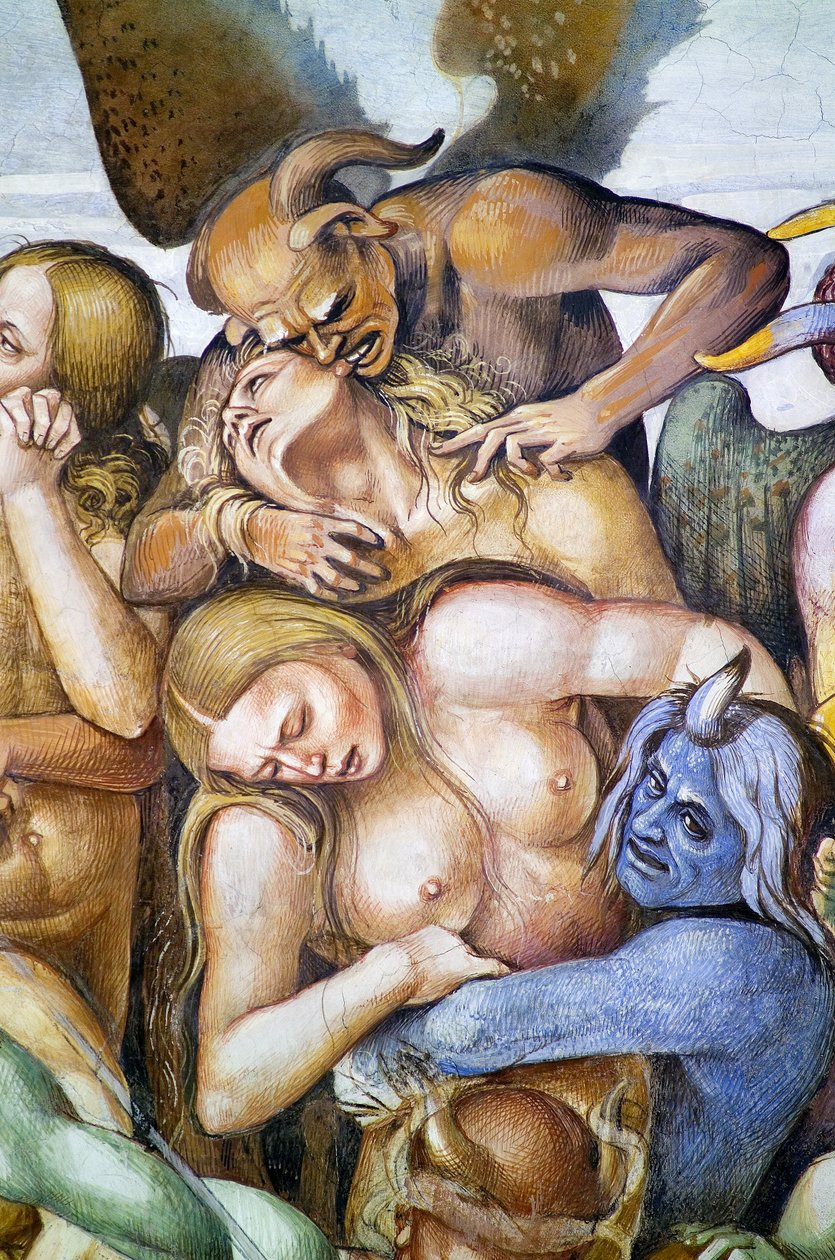 Damned in hell, detalj med självporträtt av Luca Signorelli i skepnad av en blå demon, från Last Judgment freskcykel av Luca Signorelli