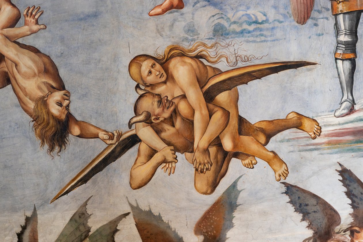 Förbannad åt helvete, detalj av den flygande demonen som bär en välmående syndare på sina axlar och tittar tillbaka mot henne flinande, uppenbarligen nöjd med bytet av Luca Signorelli