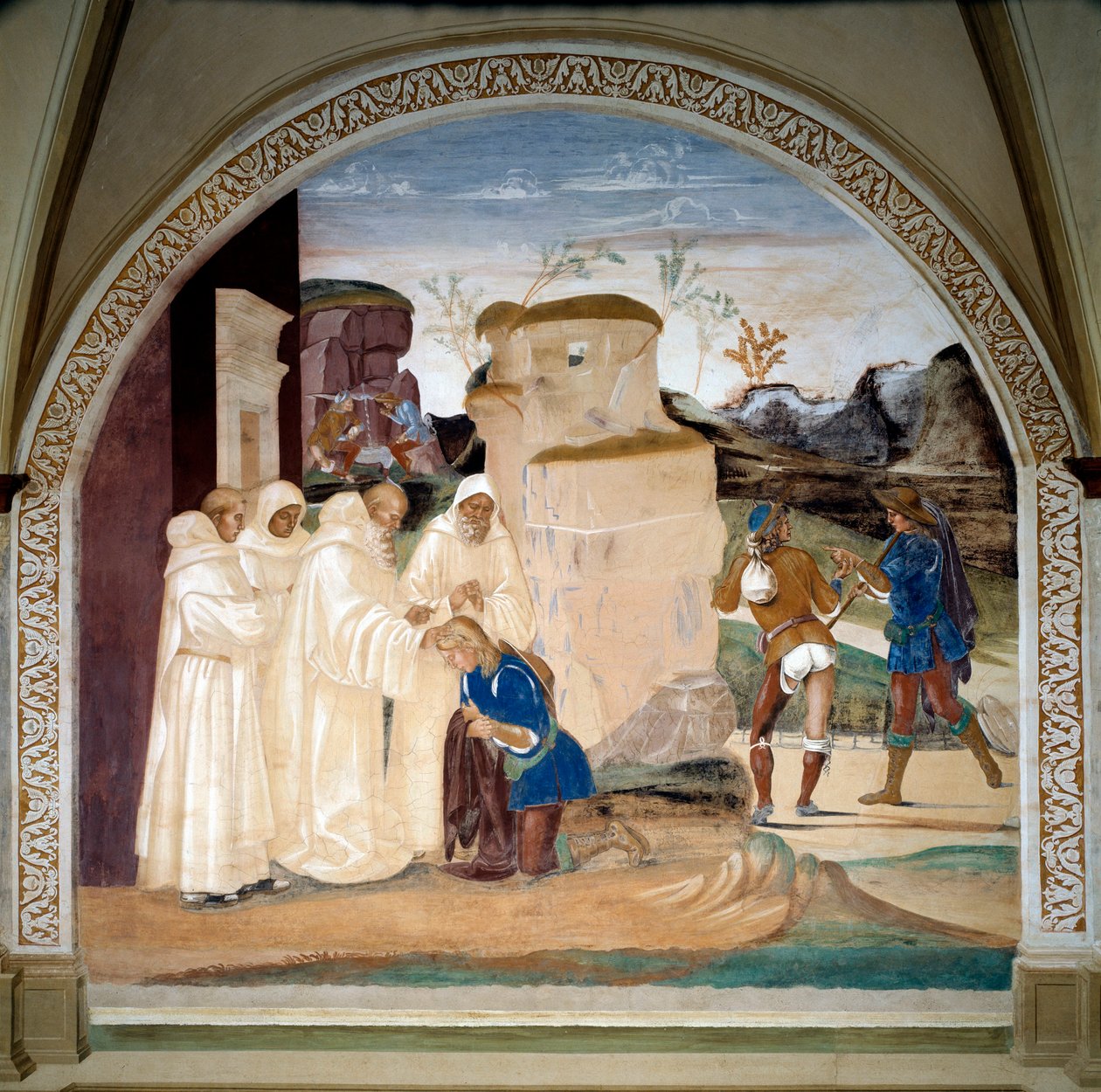 Life of Saint Benedict of Nursie (ca 480-547): "" Benedict förmanar brodern till munken Valerianus som har brutit sin fasta" (Hur Benedictus förmanar brodern till munken Valerianus som har brutit sin fasta) Klosterfresk gjord av Luca Signorelli (ca 1445-15 av Luca Signorelli