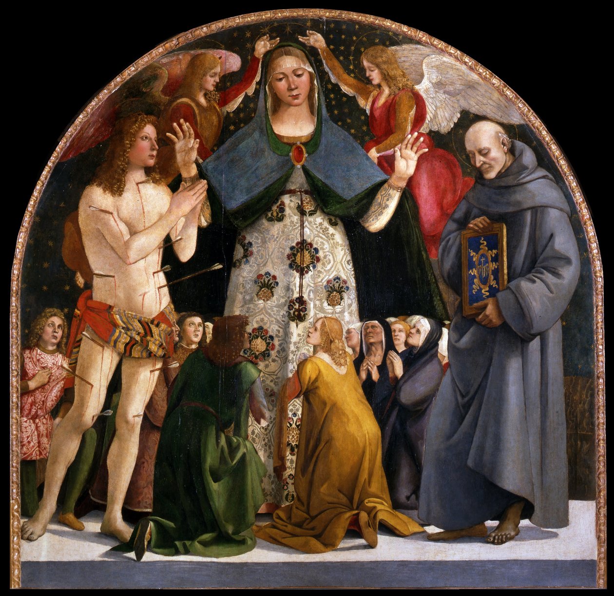 Madonna of Mercy och de heliga Sebastian och Bernardino da Siena, ca. 1490 av Luca Signorelli