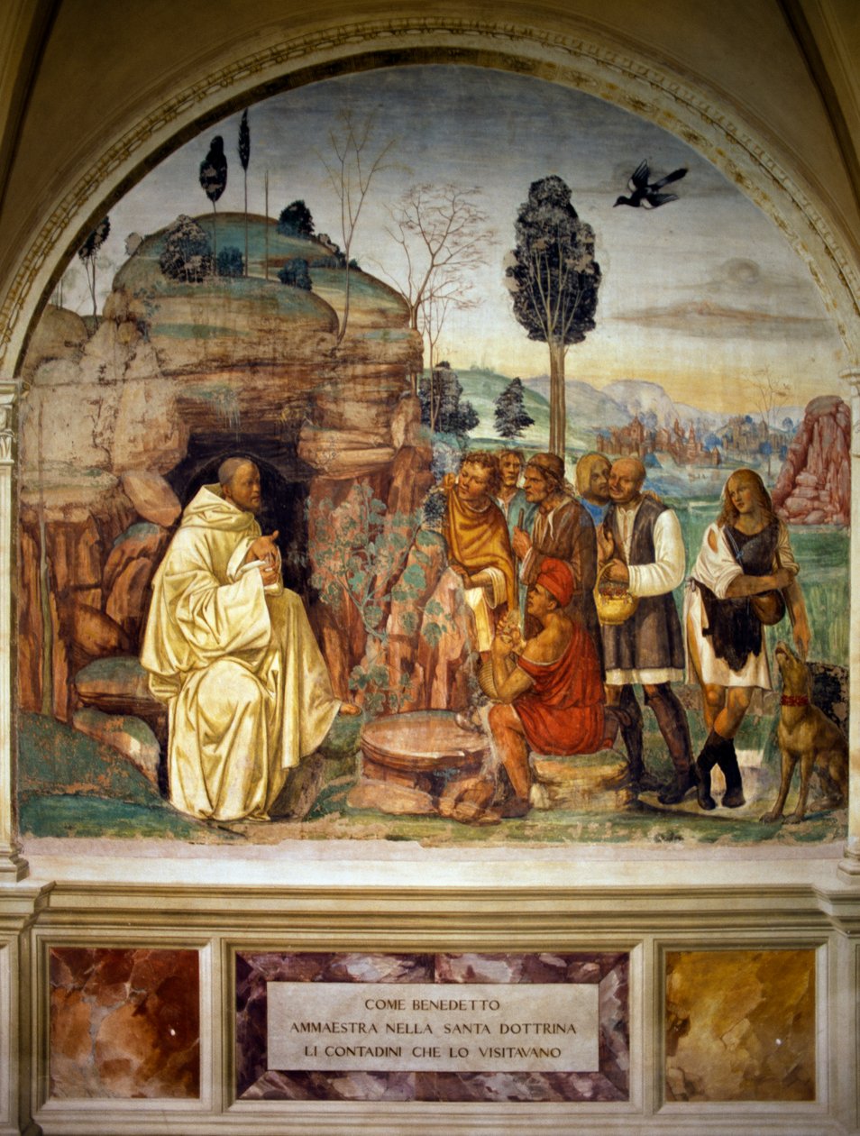 Påven Benedikt undervisar helig lära till bönder, från berättelser om St. Benedikt av Monte Oliveto Maggiore av Luca Signorelli