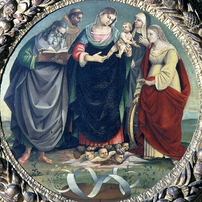 Heligt samtal (tempera på panelen) av Luca Signorelli