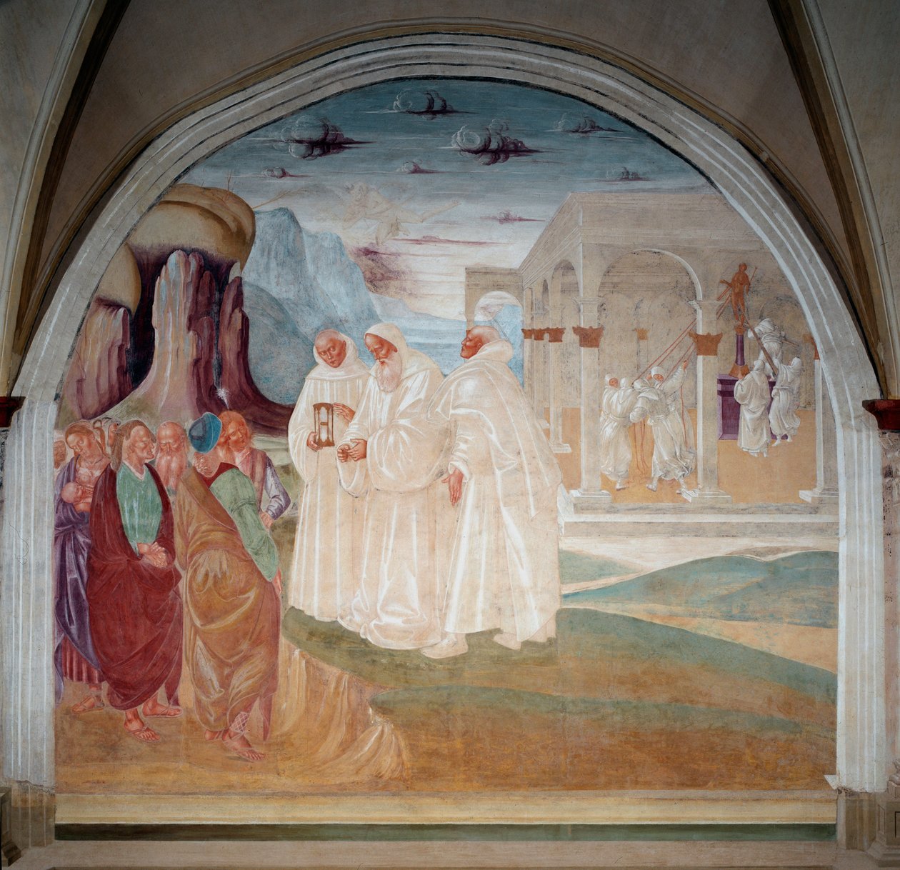 Sankt Benedictus evangeliserade invånarna i Monte Cassino, i bakgrunden skjuter munkarna ner en staty av Apollo (Fresco) av Luca Signorelli