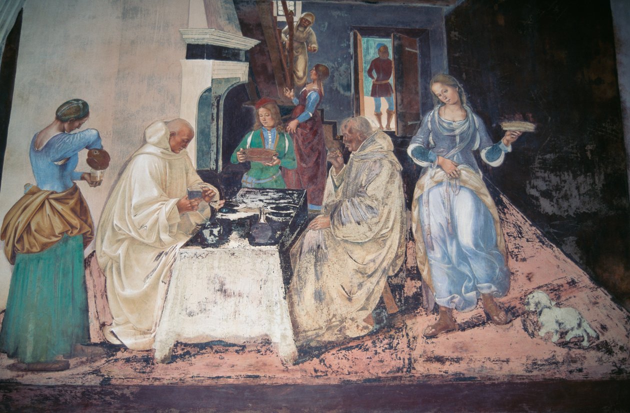 St. Benedikt som tillrättavisar två munkar som har brutit mot regeln, scen från berättelserna om St. Benedikt av Monte Oliveto Maggiore av Luca Signorelli