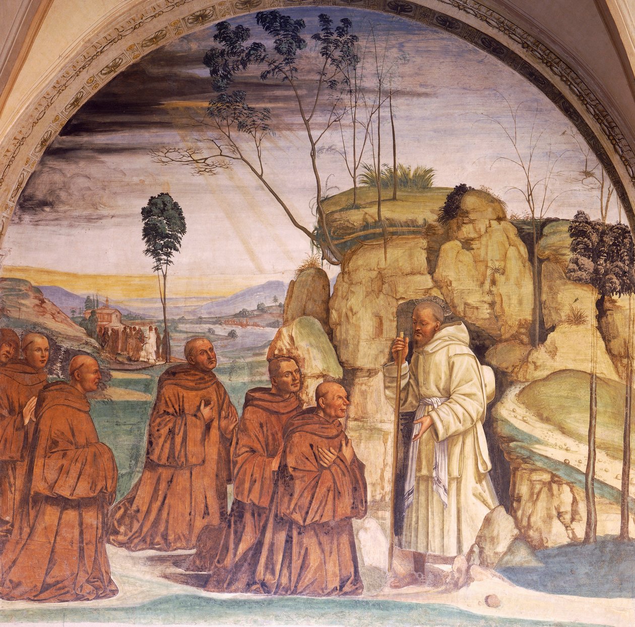 Berättelser om St. Benedictus, fresker av Luca Signorelli (cirka 1445-1523) i St. Benedikts kloster vid Monte Oliveto, Siena, detalj av Luca Signorelli