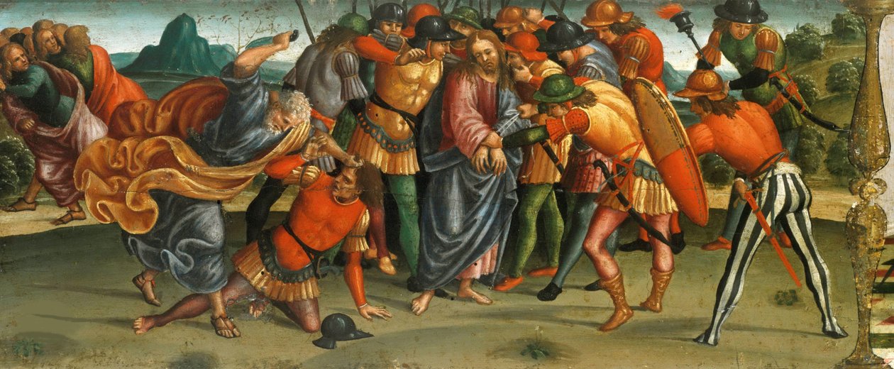 Kristi tillfångatagande. Lamentation over the Dead Christ, Predella panel, 1502. av Luca Signorelli