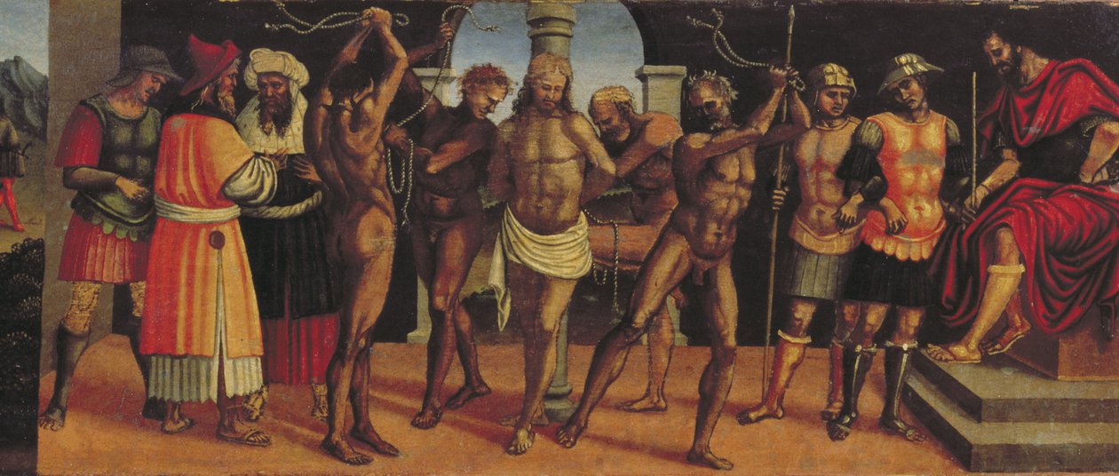The Flagellation, detalj av predellapanelen från treenighetens altartavla med Madonna och barn och SS. Augustinus och Anastasius panel av Luca Signorelli