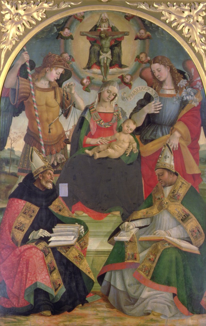 Treenigheten, Madonna och barnet, änglar och heliga, ca 1505-08 (olja på panel) av Luca Signorelli