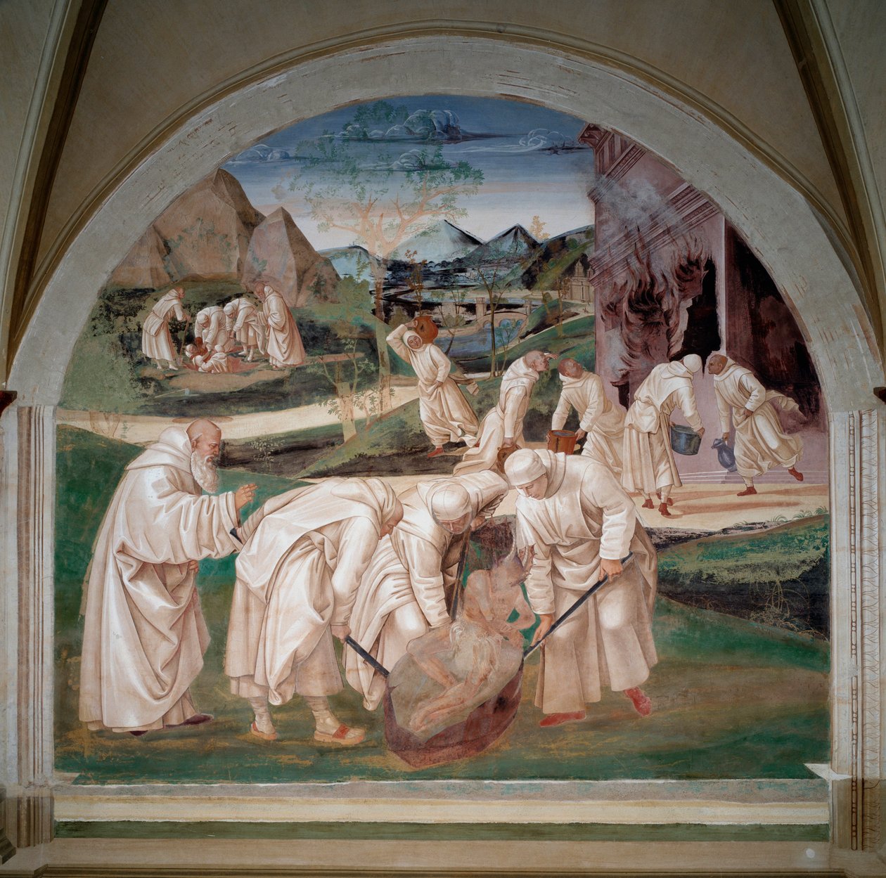 Problemen med installationer av munkarna i Monte cassino, Saint Benedict tar bort en demon från en sten, i bakgrunden hittar munkarna en idol i marken, en annan grupp kämpar mot eld (Fresco av Luca Signorelli