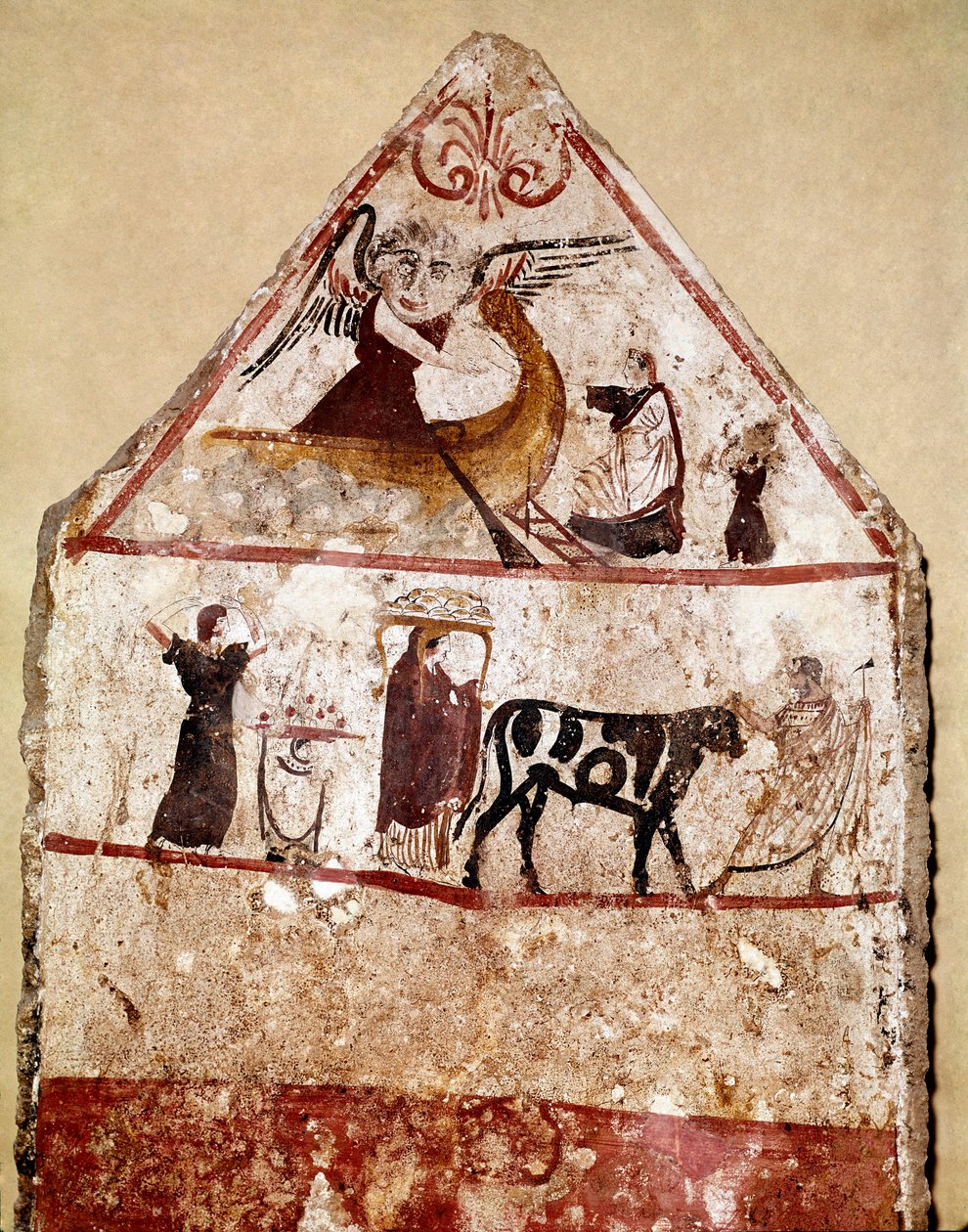 En tjur leder på altaret av offret Lucanian fresk från 400-talet f.Kr., från nekropolen Andriuolo i Paestum, Italien. Museo nazionale archeologico, Paestum av Lucanian School