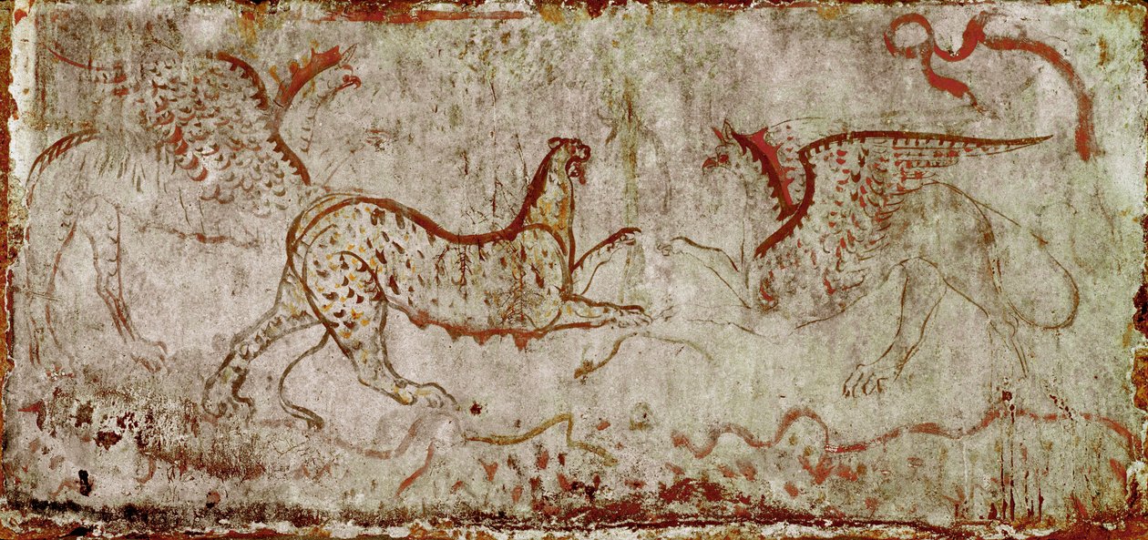 En kamp mellan en panter och en griffon Lucanian fresk från 300-talet f.Kr., från ryttarens grav, nekropolen i Paestum, Italien. Museo nazionale archeologico, Paestum av Lucanian School