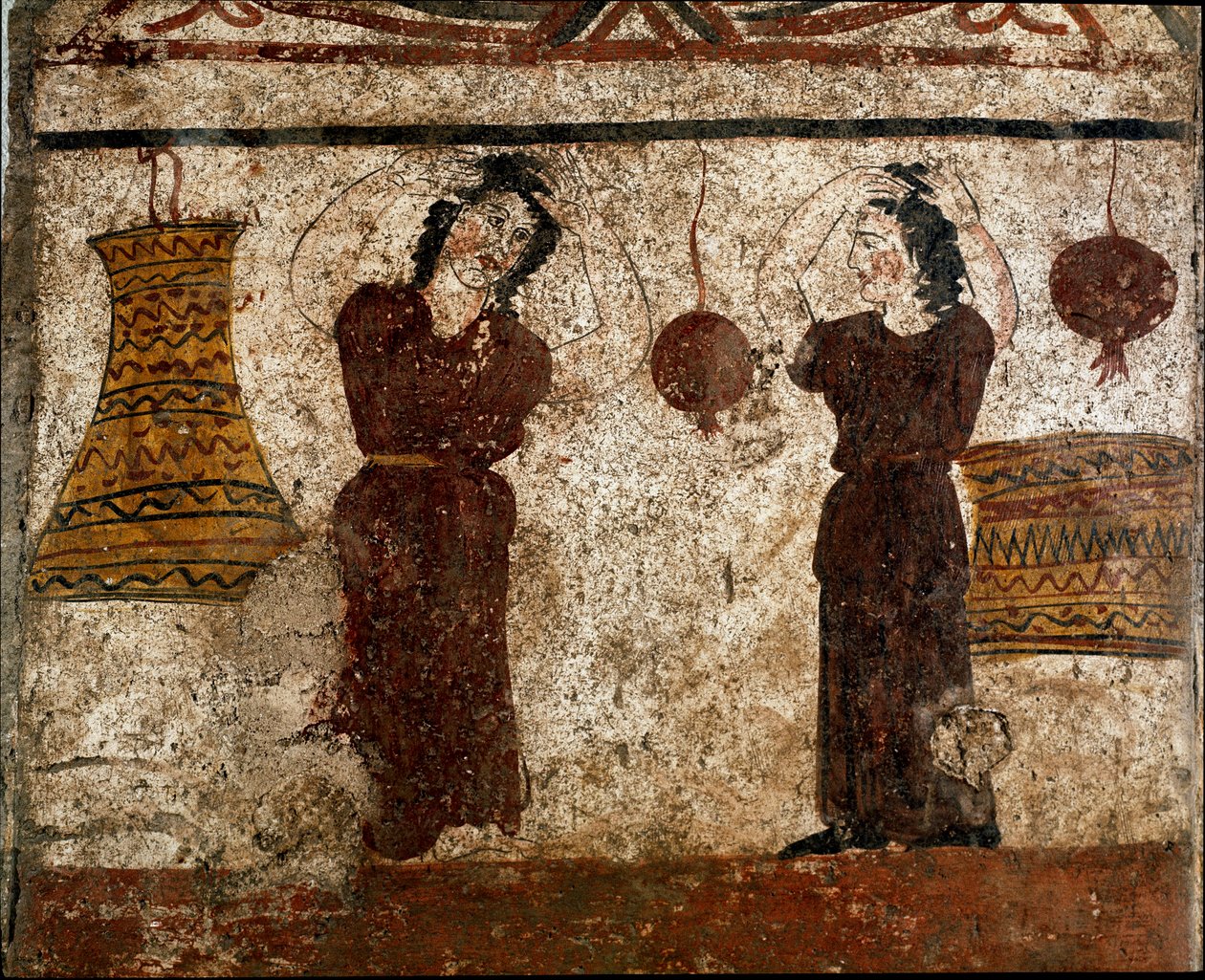 En grupp dansare under en begravningsrit Lucanian fresk från 300-talet f.Kr., från nekropolen i Paestum, Italien. Museo nazionale archeologico, Paestum av Lucanian School