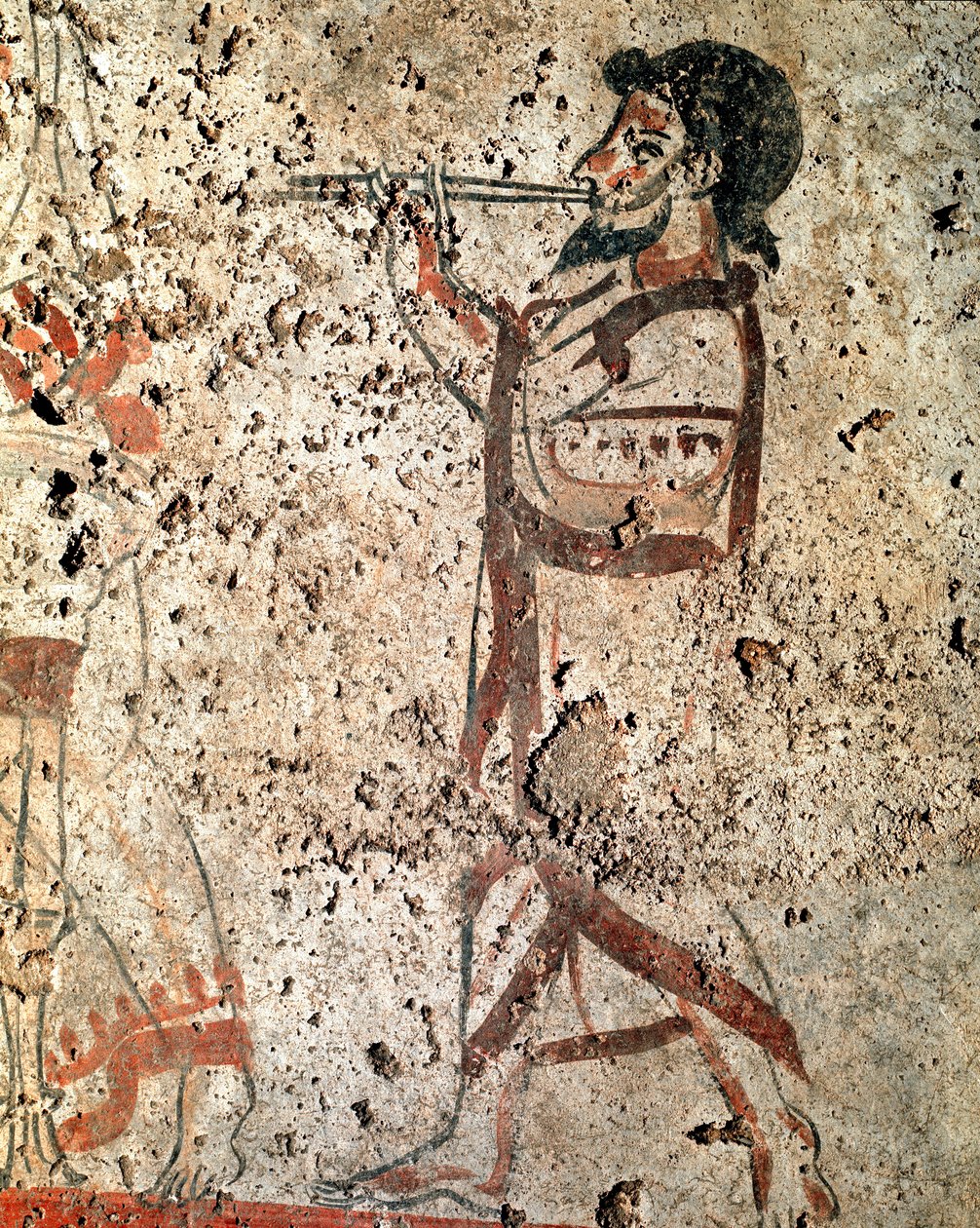En musiker som spelar flöjten Lucanian fresk från 400-talet f.Kr., från nekropolen i Paestum, Italien. Museo nazionale archeologico, Paestum av Lucanian School