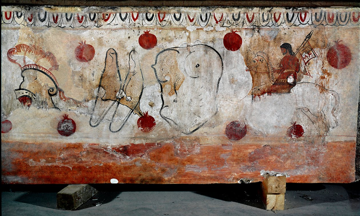 En ryttare och de olika elementen i hans rustning Lucanian fresk från 300-talet f.Kr., från nekropolen i Paestum, Italien. Museo nazionale archeologico, Paestum av Lucanian School