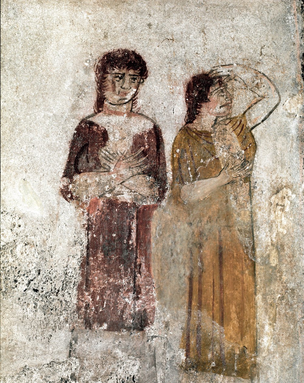 Porträtt av två kvinnor från Lucanian fresk från 300-talet f.Kr., från ryttarens grav, platsen för Paestum, Italien. Museo nazionale archeologico, Paestum av Lucanian School