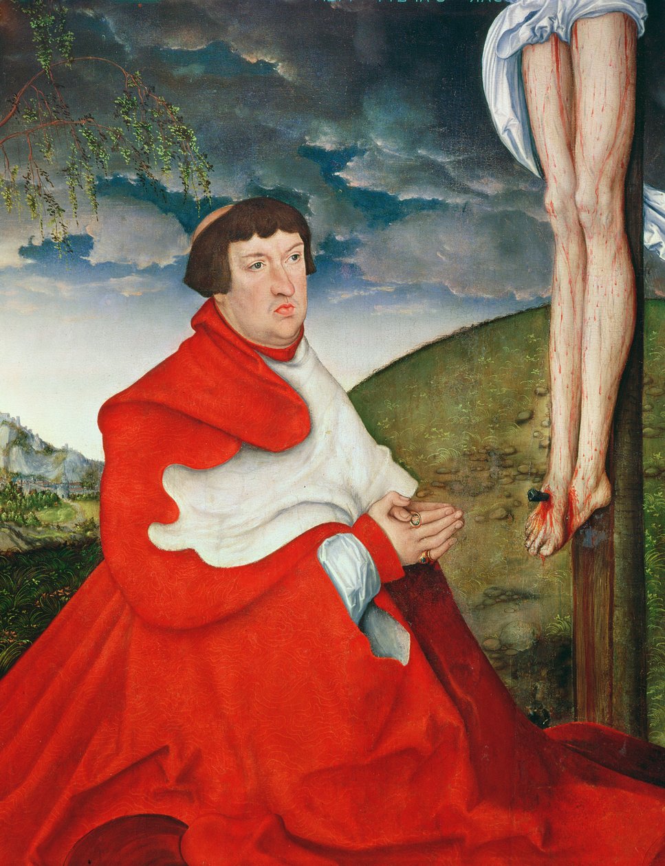 Albert, kardinal kurfyrst af Mainz ved foden af korset (detalje af 244970) swed av Lucas Cranach the Elder