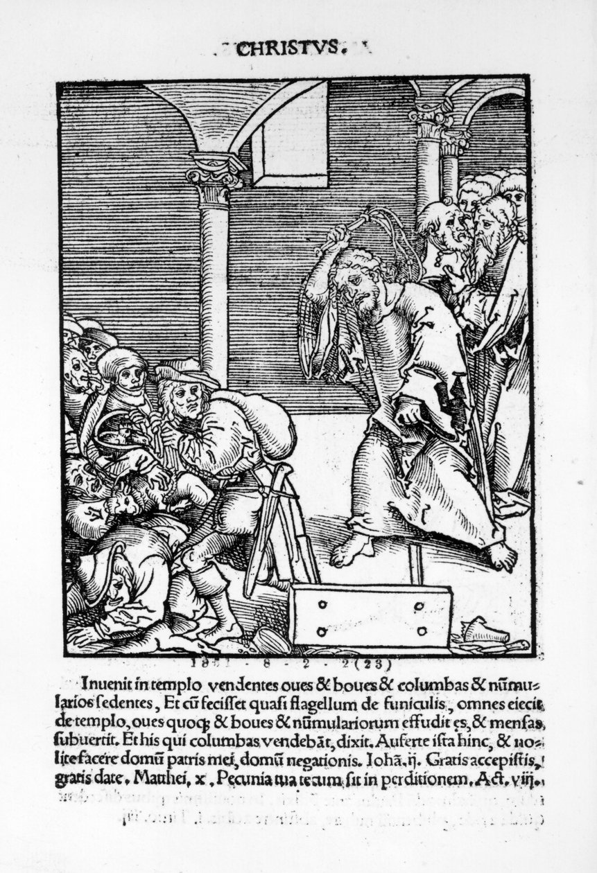 Kristus driver handelsmännen och penninglångivarna från templet från "Passional Christi und Antichristi" av Philipp Melanchthon, publicerad 1521 av Lucas Cranach the Elder