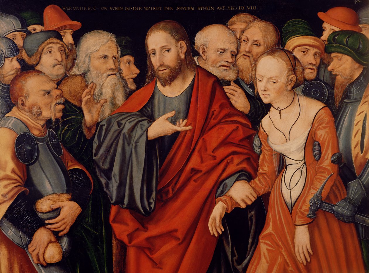 Kristus och kvinnan tagen i äktenskapsbrott av Lucas Cranach the Elder
