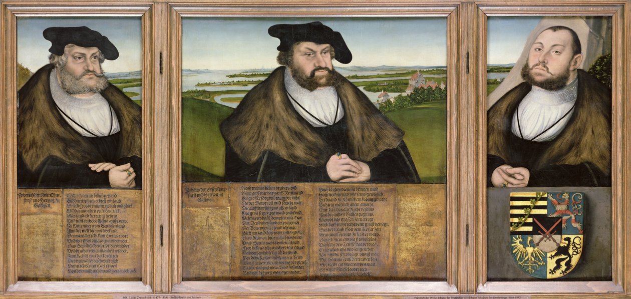 Kurfyrster i Sachsen: Friedrich den vise (1482-1556), Johann den ståndaktige (1468-1532) och Johann Friedrich den storsindede (1503-54) 1532 av Lucas Cranach the Elder