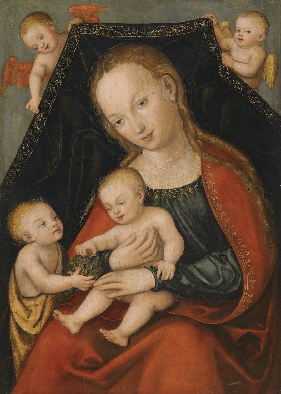 Madonna mit dem Jesuskind, Johannes dem Täufer und zwei Engeln av Lucas Cranach the Elder