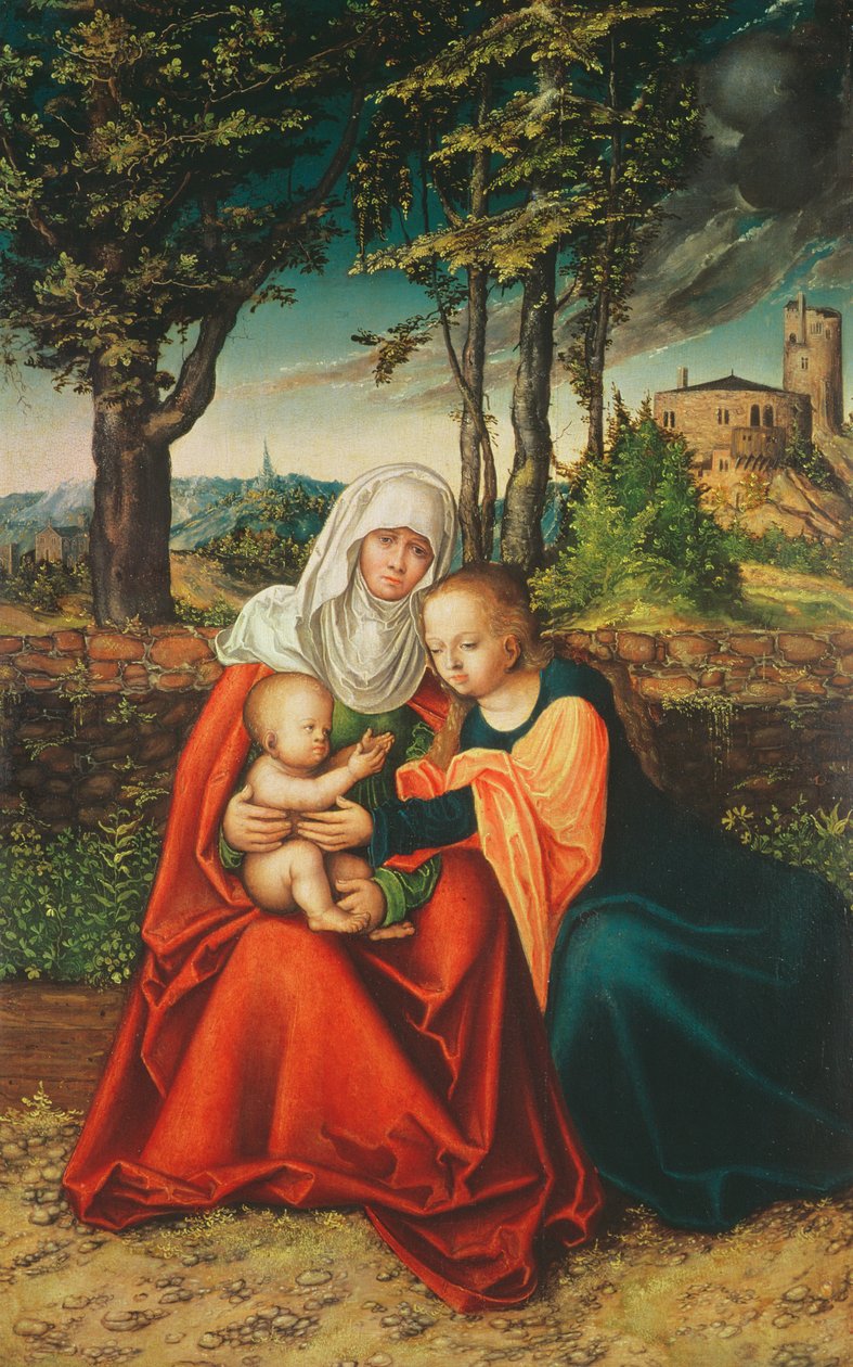 Jungfru Maria med Saint Anne som håller i spädbarnet Jesus av Lucas Cranach the Elder