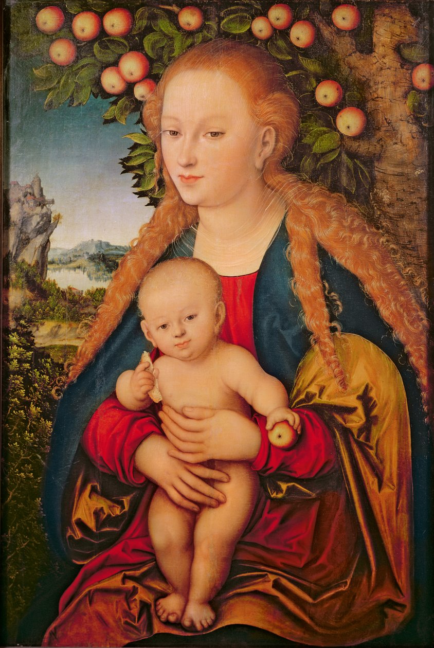 Jungfrun och barnet under ett äppelträd, 1520-26 (olja på duk överförd från p tr om anel)) 99 : Jesus Kristus; bebis; knä; äpplen; landskap; bakgrund; symbolism; Eva; synd; symbolisk; spädbarn; rur av Lucas Cranach the Elder